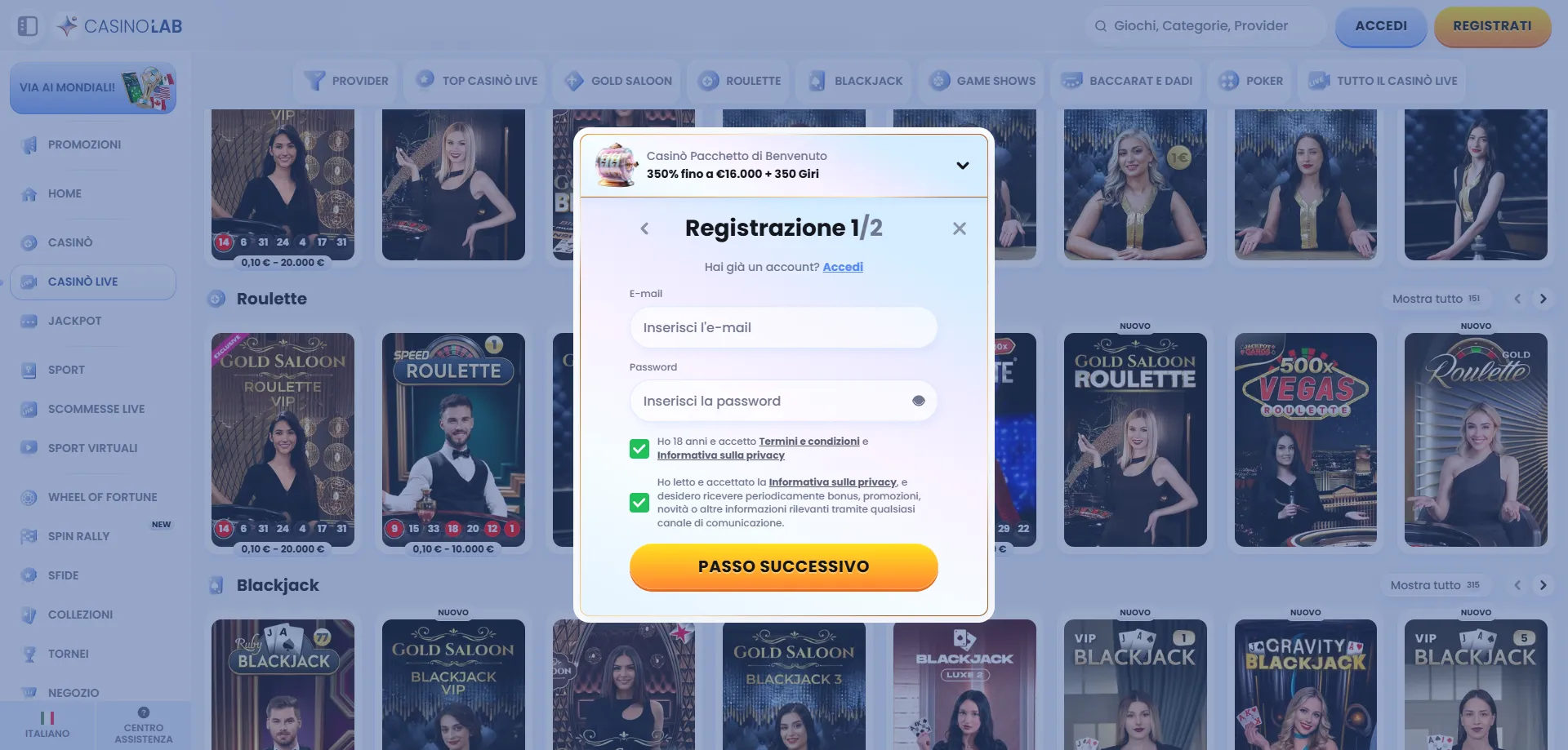 Registrazione account su Casinolab Casino Italia passo dopo passo